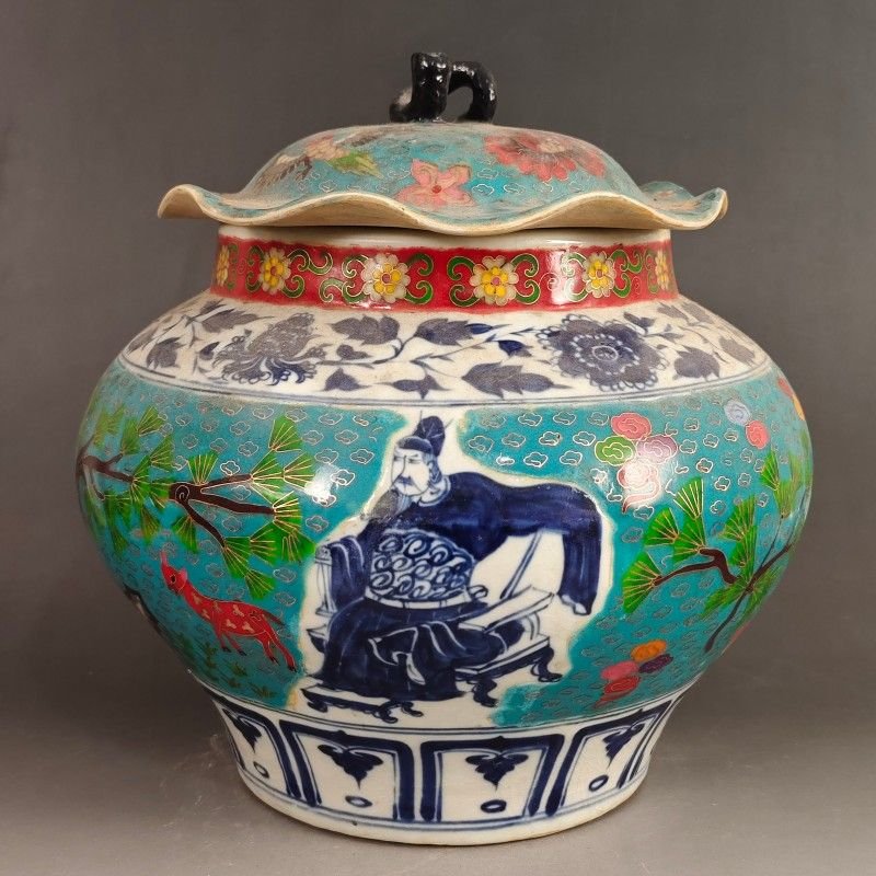 30cm Oriental Art Ceramic Temple Jar - Hand-Painted Scholar & Deer Scene (1) 30cm Oriental Art Ceramic Temple Jar Hand Painted Scholar & Deer Scene (1)
