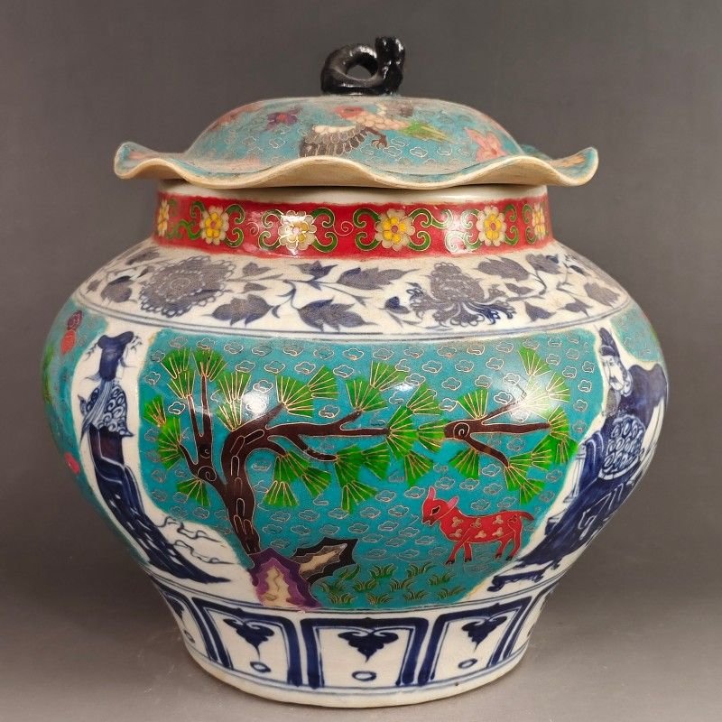 30cm Oriental Art Ceramic Temple Jar Hand Painted Scholar & Deer Scene (2)