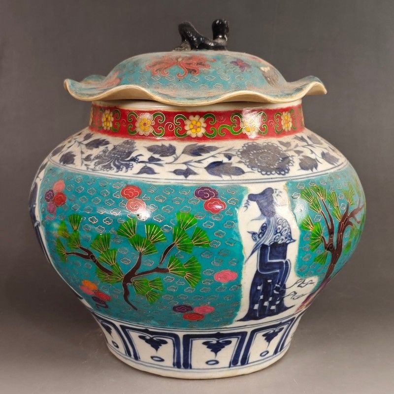 30cm Oriental Art Ceramic Temple Jar Hand Painted Scholar & Deer Scene (3)