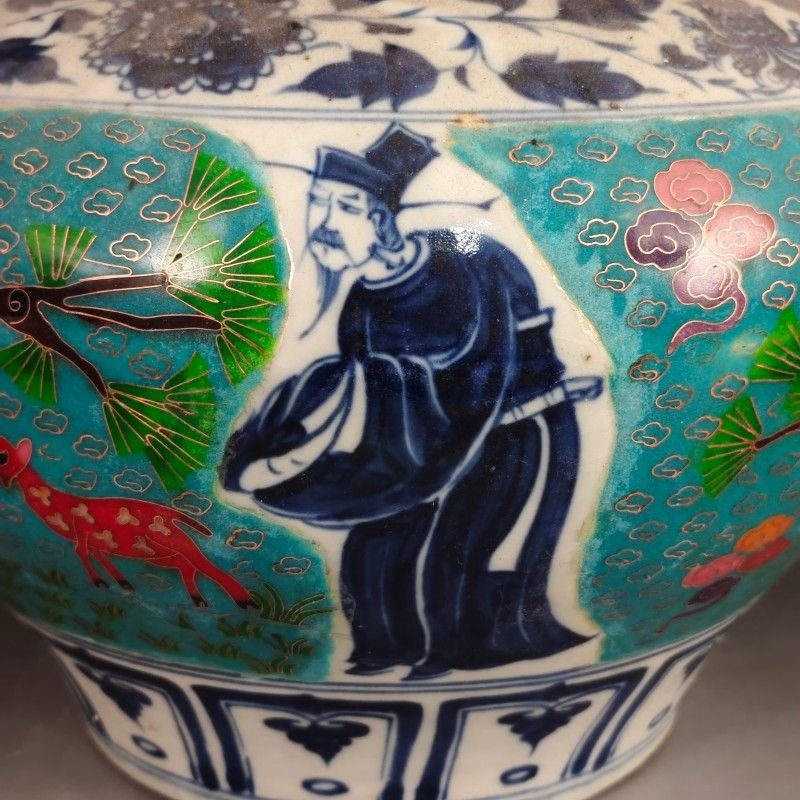 30cm Oriental Art Ceramic Temple Jar Hand Painted Scholar & Deer Scene (5)