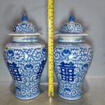 Antique Blue & White Double Happiness Porcelain Ginger Jars with Lids Set of 2 (2)