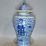 Antique Blue & White Double Happiness Porcelain Ginger Jars with Lids Set of 2 (3)