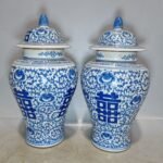 Antique Blue & White Double Happiness Porcelain Ginger Jars with Lids Set of 2 (4)