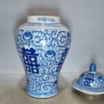 Antique Blue & White Double Happiness Porcelain Ginger Jars with Lids Set of 2 (6)