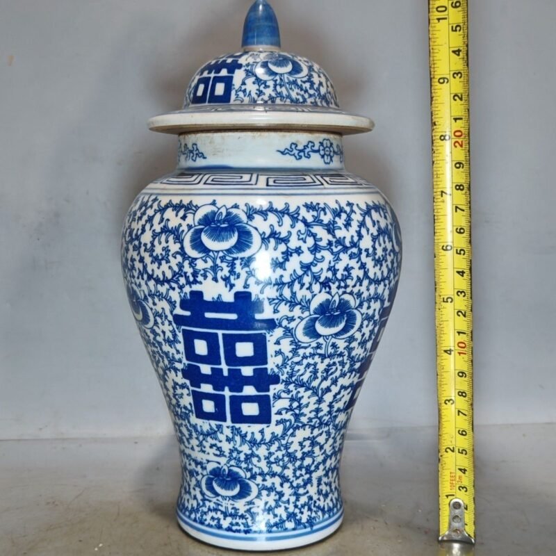 Antique Blue & White Double Happiness Porcelain Ginger Jars with Lids Set of 2 (8)