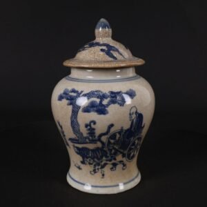 Antique Blue and White Crackle Glaze Ginger Jar with Figural & Tiger Motif