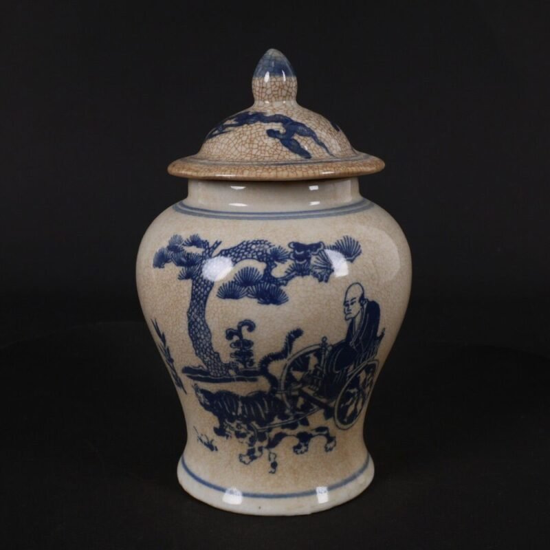 Antique Blue and White Crackle Glaze Ginger Jar with Figural & Tiger Motif (1)
