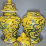 Antique Chinese Yellow Ground Famille Rose General Jar Pair — Dragons Among Clouds, Kangxi Mark (1)