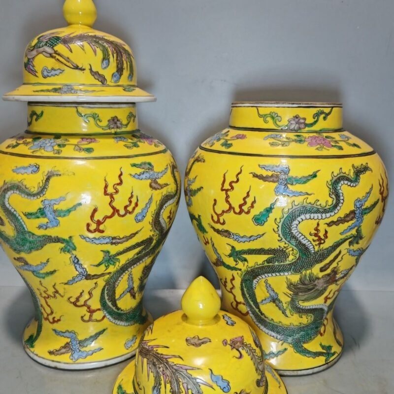 Antique Chinese Yellow Ground Famille Rose General Jar Pair — Dragons Among Clouds, Kangxi Mark (1)