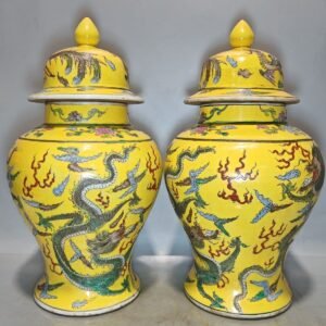 Antique Chinese Yellow Ground Famille Rose General Jar Pair — Dragons Among Clouds, Kangxi Mark (2)