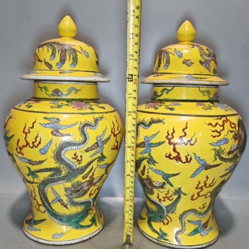 Antique Chinese Yellow Ground Famille Rose General Jar Pair — Dragons Among Clouds, Kangxi Mark (3)