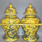 Antique Chinese Yellow Ground Famille Rose General Jar Pair — Dragons Among Clouds, Kangxi Mark (4)