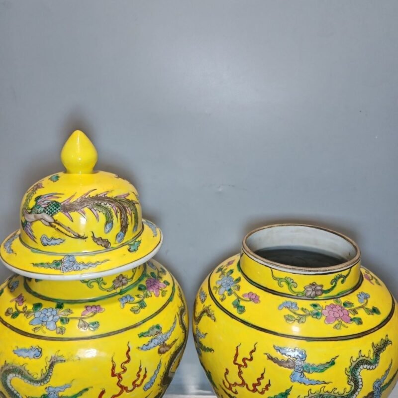 Antique Chinese Yellow Ground Famille Rose General Jar Pair — Dragons Among Clouds, Kangxi Mark (5)