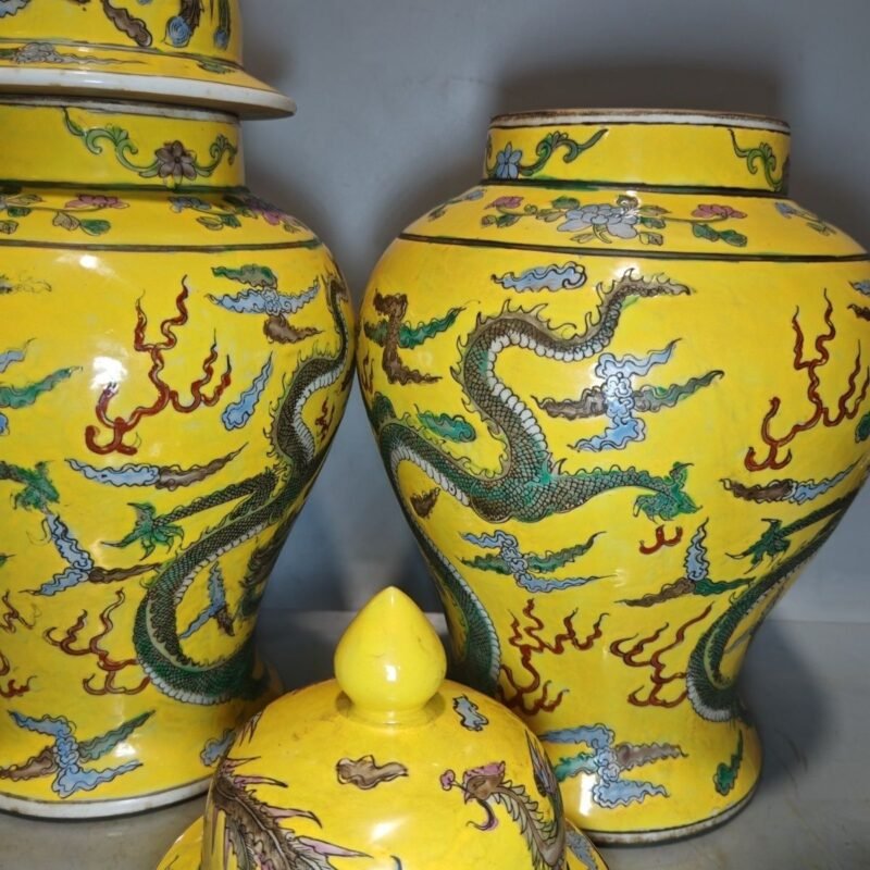 Antique Chinese Yellow Ground Famille Rose General Jar Pair — Dragons Among Clouds, Kangxi Mark (6)