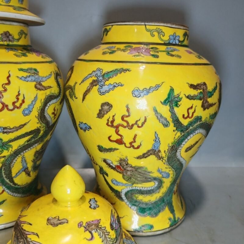 Antique Chinese Yellow Ground Famille Rose General Jar Pair — Dragons Among Clouds, Kangxi Mark (7)