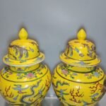 Antique Chinese Yellow Ground Famille Rose General Jar Pair — Dragons Among Clouds, Kangxi Mark (8)