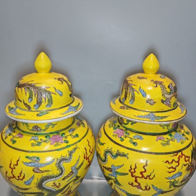 Antique Chinese Yellow Ground Famille Rose General Jar Pair — Dragons Among Clouds, Kangxi Mark (8)
