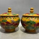 Antique Chinese Yellow Ground Sancai Relief Jar Pair (2)