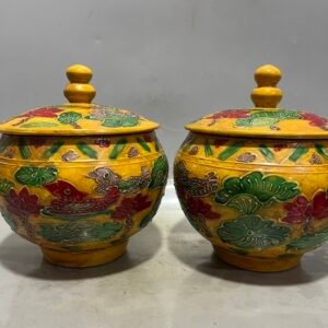 Antique Chinese Yellow Ground Sancai Relief Jar Pair (2)