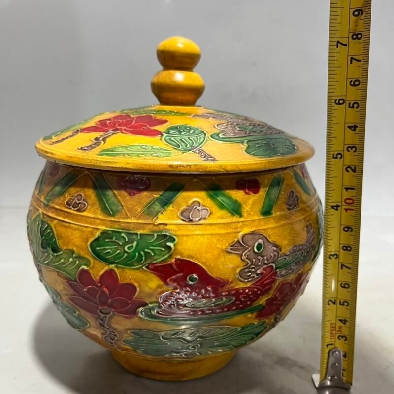 Antique Chinese Yellow Ground Sancai Relief Jar Pair (4)