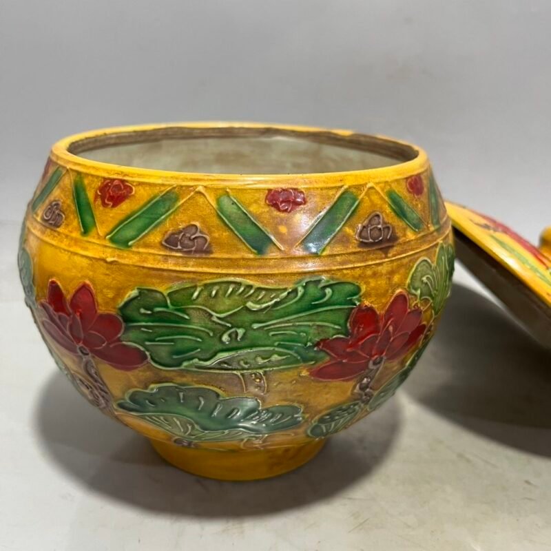 Antique Chinese Yellow Ground Sancai Relief Jar Pair (5)