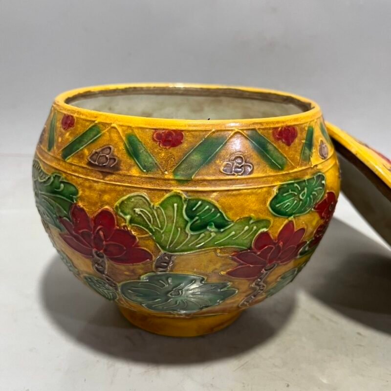 Antique Chinese Yellow Ground Sancai Relief Jar Pair (6)