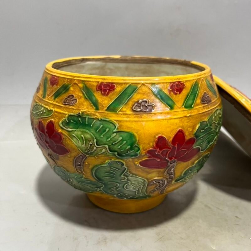Antique Chinese Yellow Ground Sancai Relief Jar Pair (7)