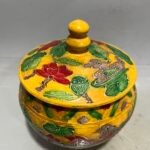 Antique Chinese Yellow Ground Sancai Relief Jar Pair (9)