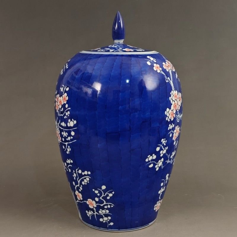 Blue Ground Underglaze Red Plum Blossom Lidded Jar, Chinese Porcelain Ginger Jar, Chinoiserie Home Decor (1)