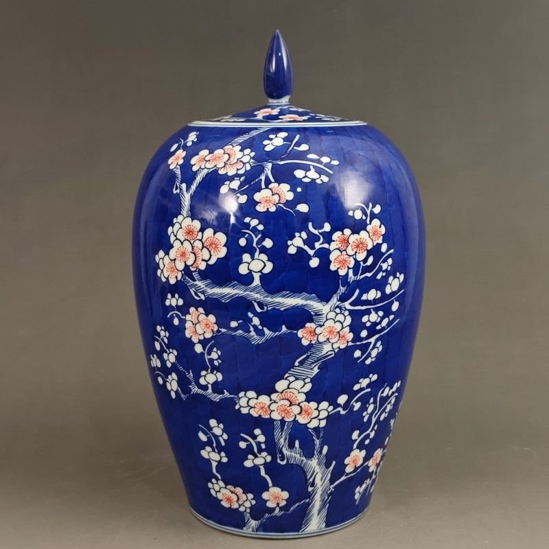 Blue Ground Underglaze Red Plum Blossom Lidded Jar, Chinese Porcelain Ginger Jar, Chinoiserie Home Decor (4)