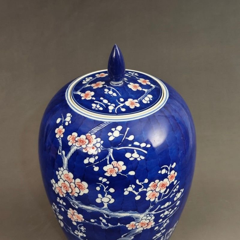 Blue Ground Underglaze Red Plum Blossom Lidded Jar, Chinese Porcelain Ginger Jar, Chinoiserie Home Decor (5)
