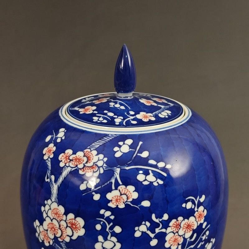 Blue Ground Underglaze Red Plum Blossom Lidded Jar, Chinese Porcelain Ginger Jar, Chinoiserie Home Decor (6)