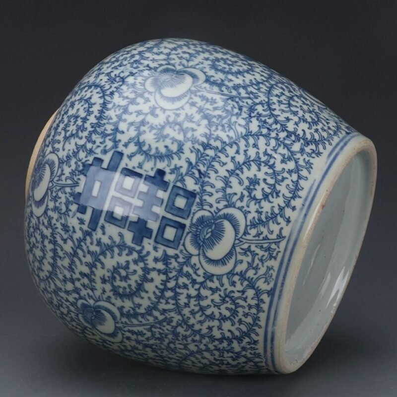Blue and White Double Happiness Ginger Jar, Hand Painted Floral Scroll Porcelain Storage Jar with Lid (1)
