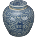 Blue and White Double Happiness Ginger Jar, Hand Painted Floral Scroll Porcelain Storage Jar with Lid (2)