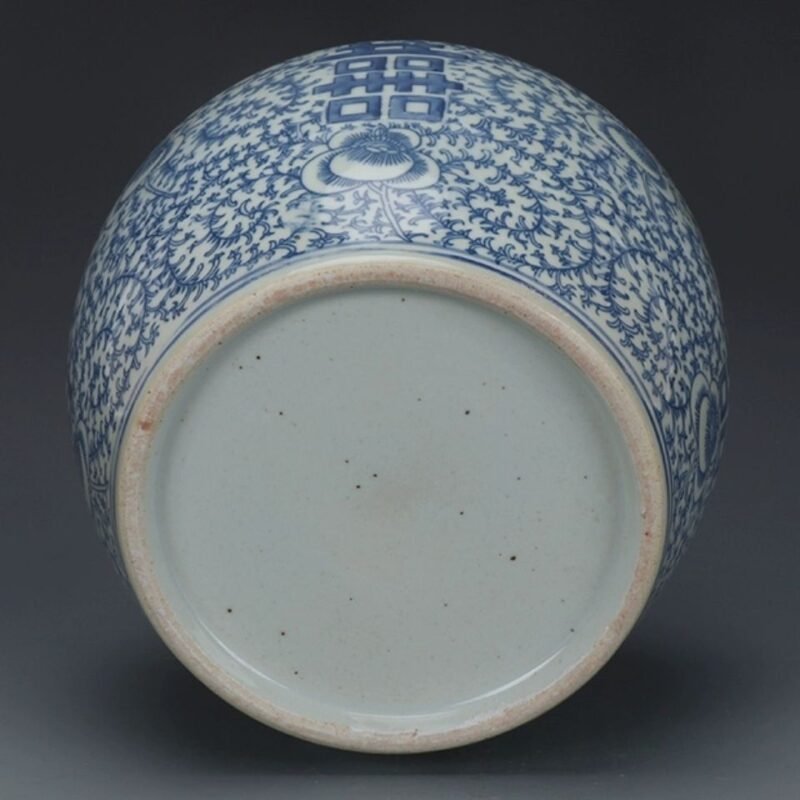 Blue and White Double Happiness Ginger Jar, Hand Painted Floral Scroll Porcelain Storage Jar with Lid (2)