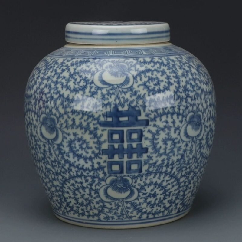Blue and White Double Happiness Ginger Jar, Hand Painted Floral Scroll Porcelain Storage Jar with Lid (3)