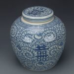 Blue and White Double Happiness Ginger Jar, Hand Painted Floral Scroll Porcelain Storage Jar with Lid (4)