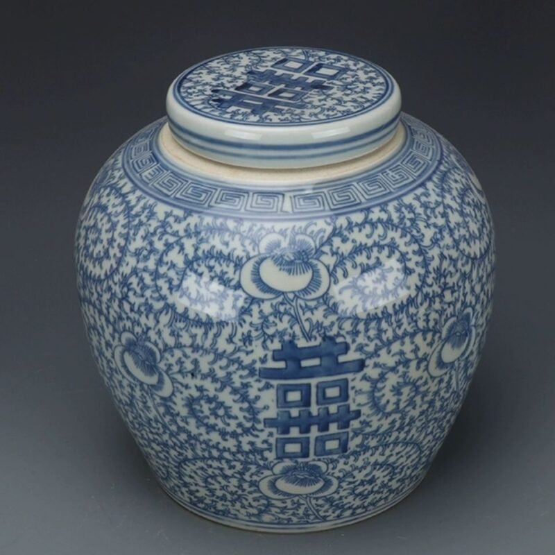 Blue and White Double Happiness Ginger Jar, Hand Painted Floral Scroll Porcelain Storage Jar with Lid (4)