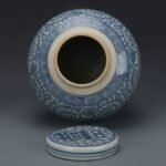 Blue and White Double Happiness Ginger Jar, Hand Painted Floral Scroll Porcelain Storage Jar with Lid (5)