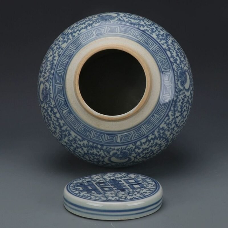 Blue and White Double Happiness Ginger Jar, Hand Painted Floral Scroll Porcelain Storage Jar with Lid (5)