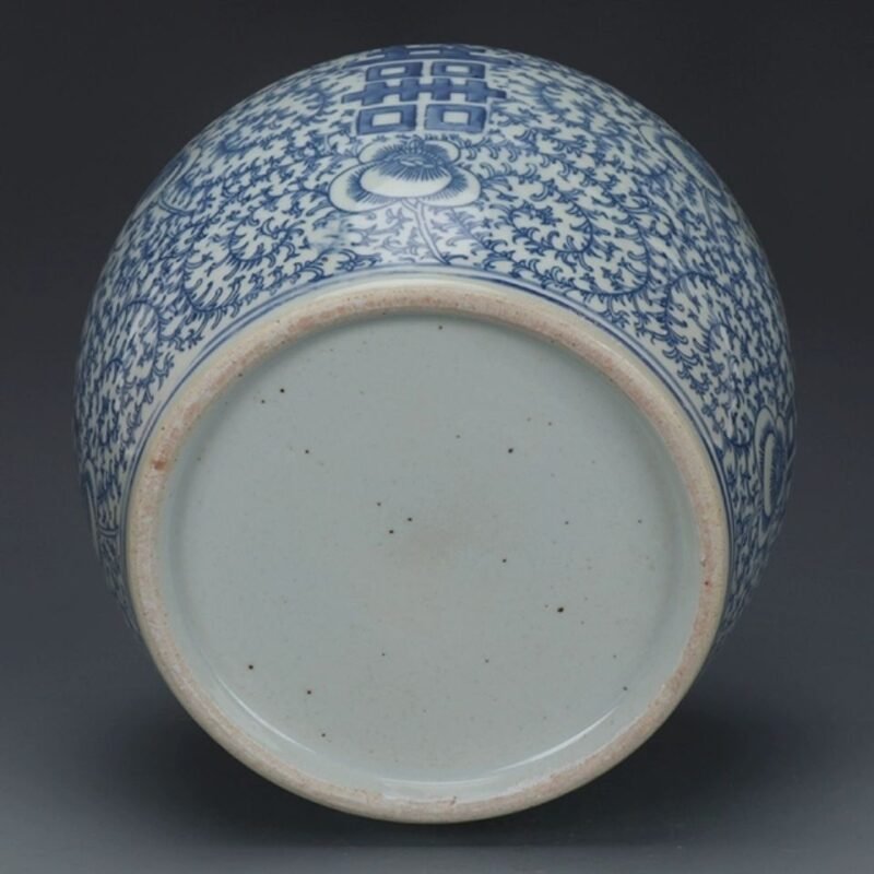Blue and White Double Happiness Ginger Jar, Hand Painted Floral Scroll Porcelain Storage Jar with Lid (6)