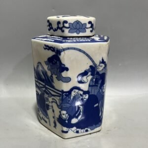 Blue and White Hexagonal Ginger Jar | Figural Porcelain Tea Caddy | Chinoiserie Decor
