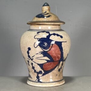 Blue and White Koi Fish Ginger Jar — Crackle Glaze Temple Jar, 6.3
