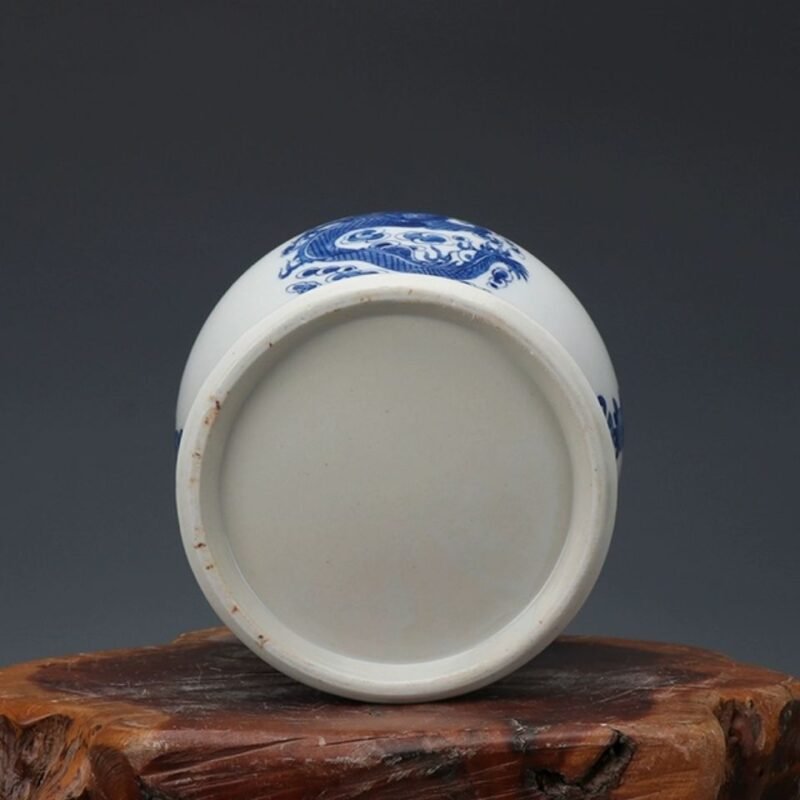 Blue and White Porcelain Ginger Jar Dragon and Phoenix Motif Hand Painted Chinoiserie Temple Jar (1)