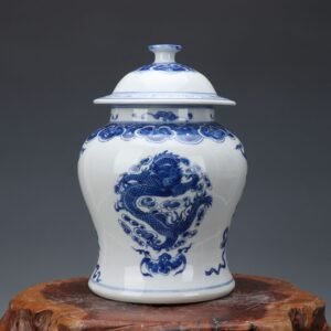 Blue and White Porcelain Ginger Jar Dragon and Phoenix Motif Hand Painted Chinoiserie Temple Jar (2)
