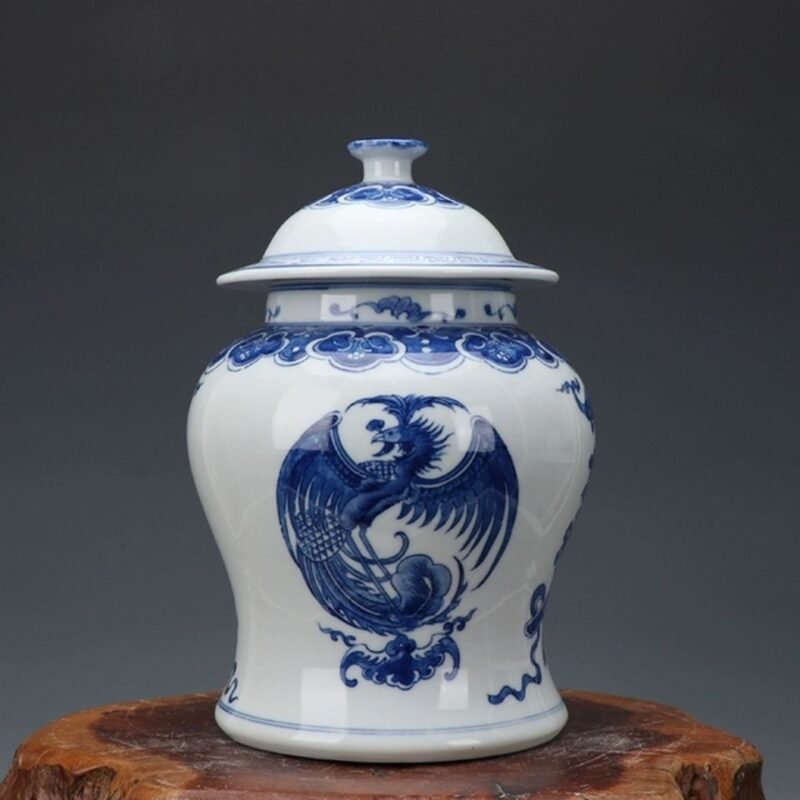 Blue and White Porcelain Ginger Jar Dragon and Phoenix Motif Hand Painted Chinoiserie Temple Jar (4)