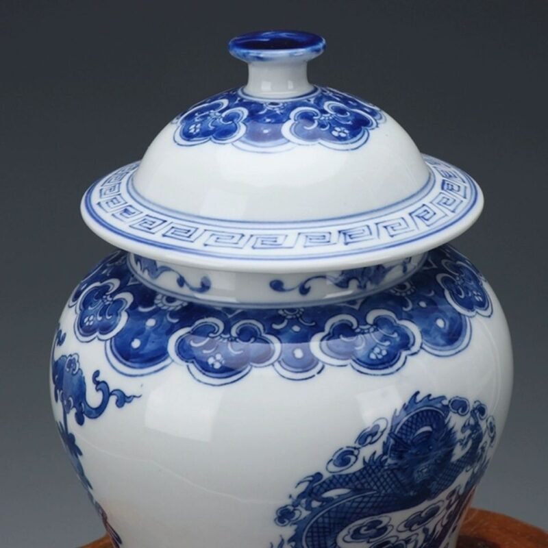 Blue and White Porcelain Ginger Jar Dragon and Phoenix Motif Hand Painted Chinoiserie Temple Jar (5)