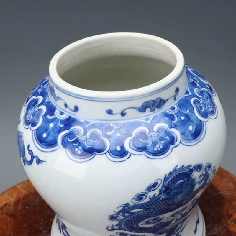 Blue and White Porcelain Ginger Jar Dragon and Phoenix Motif Hand Painted Chinoiserie Temple Jar (6)