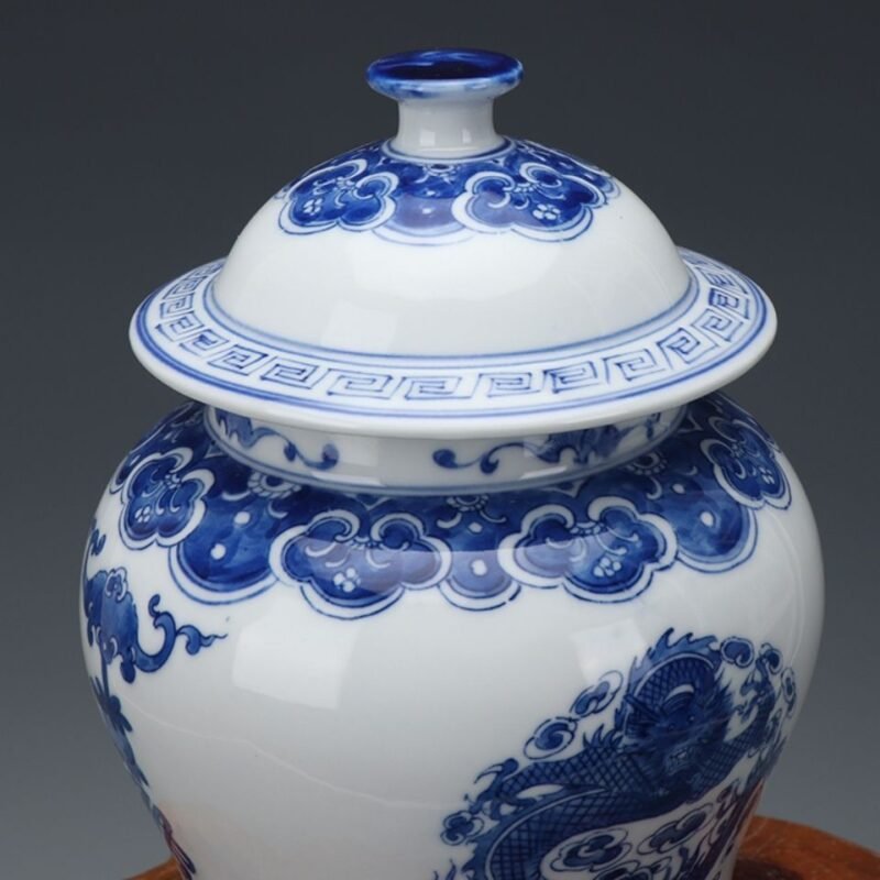 Blue and White Porcelain Ginger Jar Dragon and Phoenix Motif Hand Painted Chinoiserie Temple Jar (8)