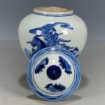 Blue and White Porcelain Ginger Jar Hand Painted Warrior Horse Scene Lidded Canister (1)